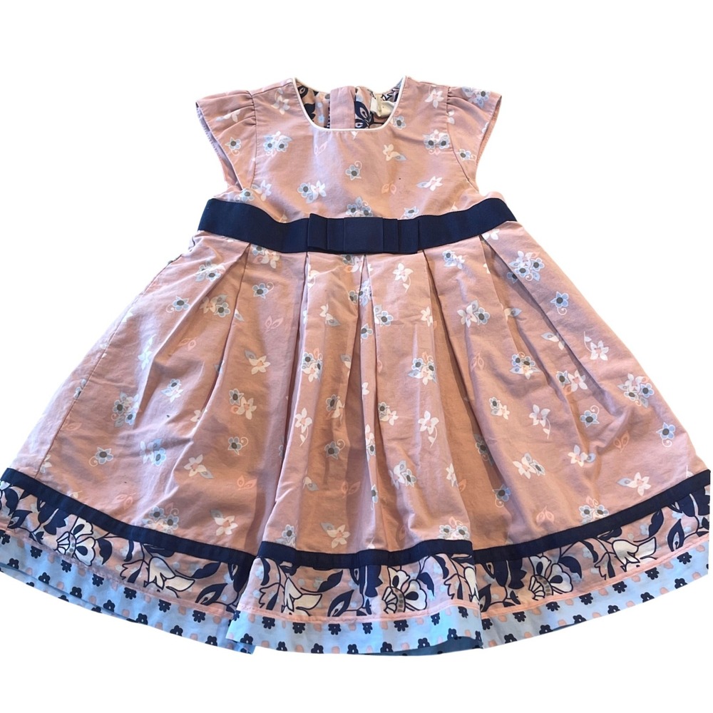 Pumpkin Patch Floral Dress Girls 12-18M Pink Navy Preppy Bow Pleated Fit Flare